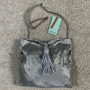 NWT! ABBACINO Silver Metal KNUTH Tassel MERTAL MESH CLUTCH w/ Strap BAG Purse